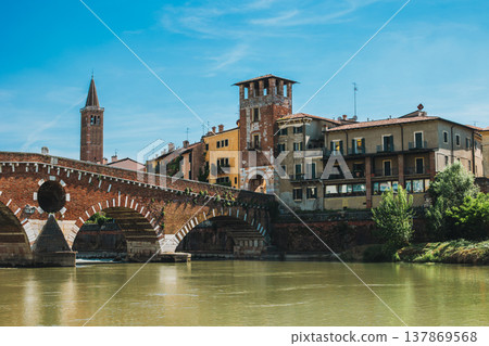Panoramic cityscape view of Verona old town and Adige river. Panoramic cityscape view of Verona old town and Adige river. 137869568