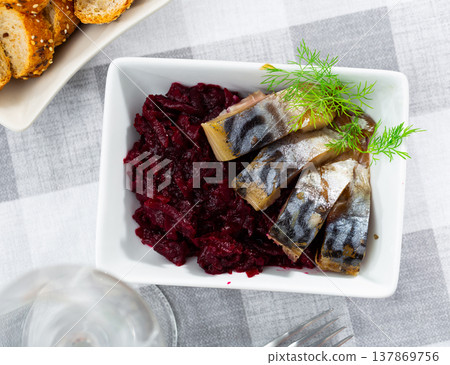 Appetizing mackerel with beetroot 137869756