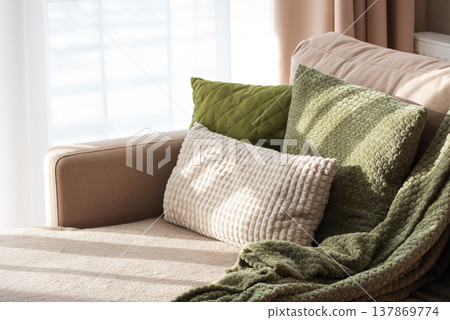 Textured Pillows and Blanket on Sofa. Cozy Spring Home Interior Textured Pillows and Blanket on Sofa. Cozy Spring Home Interior 137869774