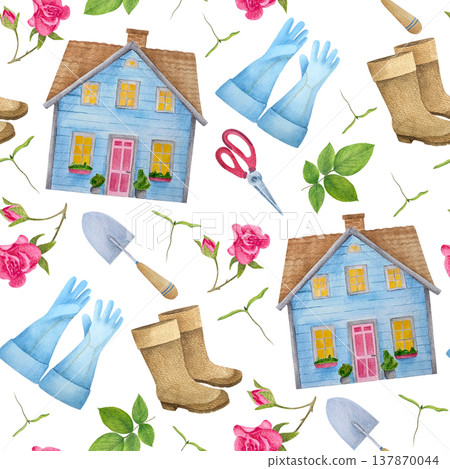 A gardening-themed seamless pattern featuring a blue house/cottage, pink roses and buds, leaves and delicate branches, garden shears/pruning shears, a trowel, rubber boots, and long protective gloves, 137870044