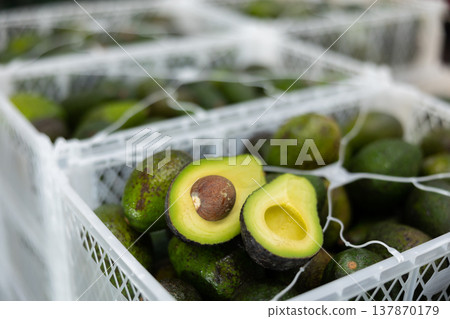 Two halves of ripe hass avocado on box with selected avocados 137870179
