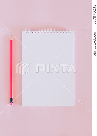 Notebook with blank page and pencil on pink background. Notebook with blank page and pencil on pink background. 137870232