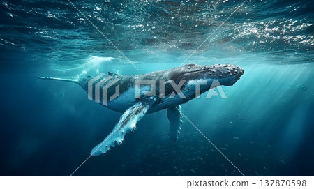 Humpback whale swimming underwater with sunlight rays Humpback whale swimming underwater with sunlight rays 137870598
