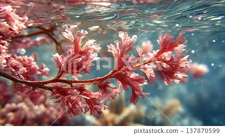 Red coral like algae swaying under clear ocean water Red coral like algae swaying under clear ocean water 137870599