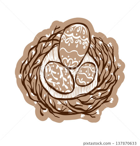 Charming Easter illustration depicts a bird nest filled with eggs. Charming Easter illustration depicts a bird nest filled with eggs. 137870633