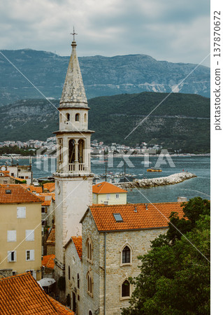 Amazing view of Budva old town and the sea. Travel destination in Montenegro. Amazing view of Budva old town and the sea. Travel destination in Montenegro. 137870672