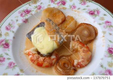 Traditional Cod with Prawns Seafood Dish Traditional Cod with Prawns Seafood Dish 137870751