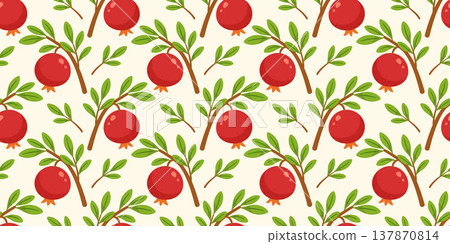 Seamless pattern with pomegranate fruits and leafy branches in flat vector style Seamless pattern with pomegranate fruits and leafy branches in flat vector style 137870814