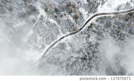 Aerial View of Winter Mountain Forest with Clouds Aerial View of Winter Mountain Forest with Clouds 137870871