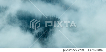 Aerial View of Winter Mountain Forest with Clouds Aerial View of Winter Mountain Forest with Clouds 137870882