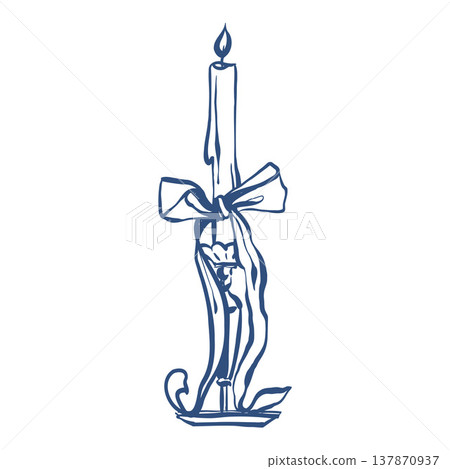 Candle with bow in sketch style. Vector outline illustration in blue color. Coquette core aesthetic. Vintage vector outline illustration Candle with bow in sketch style. Vector outline illustration in blue color. Coquette core aesthetic. Vintage vector outline illustration 137870937