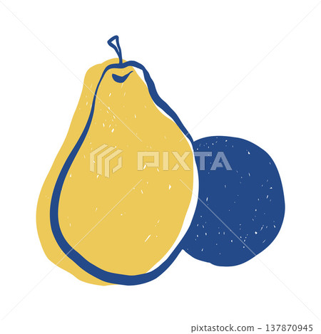 Pear in flat sketch style. Linear vector illustration in blue and yellow. Summer fruits. Pear silhouette. Pear in flat sketch style. Linear vector illustration in blue and yellow. Summer fruits. Pear silhouette. 137870945