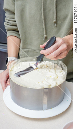 Person in green hoodie uses spatula to smooth frosting on top of a round cake in a kitchen setting with countertop and kitchen appliances visible Person in green hoodie uses spatula to smooth frosting on top of a round cake in a kitchen setting with countertop and kitchen appliances visible 137871034