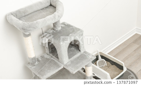 Cat tree with scratching posts and an odor-free litter box in a modern indoor setting featuring light-colored flooring and walls 137871097