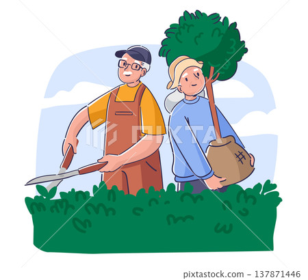 Gardener Team Planting Tree Cartoon Gardener Team Planting Tree Cartoon 137871446