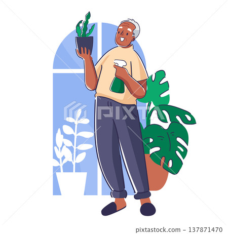 Gardener Watering Houseplant Cartoon Style Gardener Watering Houseplant Cartoon Style 137871470