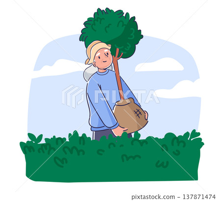 Gardener Planting Sapling Cartoon 137871474