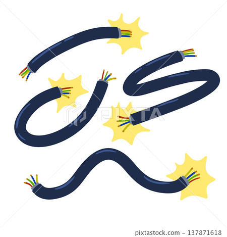 Electrical spark, electric cable short circuit set, power energy flash collection. Wire connection light blast, discharge current technology. Electrical spark hazard equipment element. 137871618