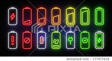 Neon battery indicators with various charging stages and status symbols. Bright glowing energy icons on dark brick wall background. Ideal for electricity Neon battery indicators with various charging stages and status symbols. Bright glowing energy icons on dark brick wall background. Ideal for electricity 137871626