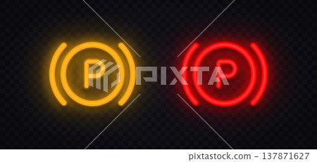 Neon parking brake icons with letter P in glowing circle. Bright vehicle symbols indicating parking system status. Perfect for dashboard interface and driving control design. Neon parking brake icons with letter P in glowing circle. Bright vehicle symbols indicating parking system status. Perfect for dashboard interface and driving control design. 137871627