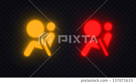Neon airbag warning icons in yellow and red glowing style. Safety symbols showing collision protection system alerts. Perfect for dashboard interface and vehicle safety design. Neon airbag warning icons in yellow and red glowing style. Safety symbols showing collision protection system alerts. Perfect for dashboard interface and vehicle safety design. 137871633