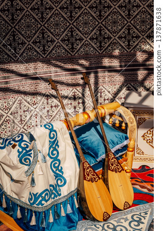 Wooden Instruments Showcased. An Inviting Scene With Musical Instruments And Cultural Decor 137871638