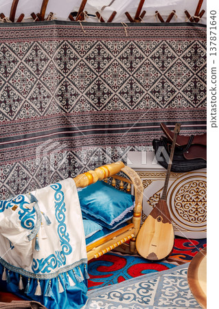 Decorative Textile Display. Intricate Fabric Wall Showcasing Traditional Craftsmanship 137871640