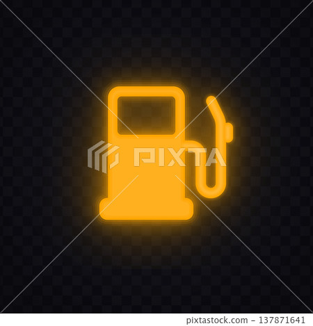 Neon fuel pump icon in bright yellow glowing style. Automotive symbol representing fuel level and refueling need. Perfect for dashboard interface and transport design. 137871641