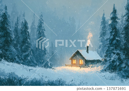 Cozy Winter Cabin Surrounded by Snowy Pines 137871691