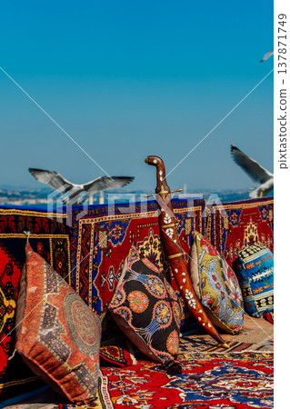 Vivid Turkish Rooftop Scene. Picturesque Terrace Overlooking Istanbul With Crafts And Seagulls Vivid Turkish Rooftop Scene. Picturesque Terrace Overlooking Istanbul With Crafts And Seagulls 137871749
