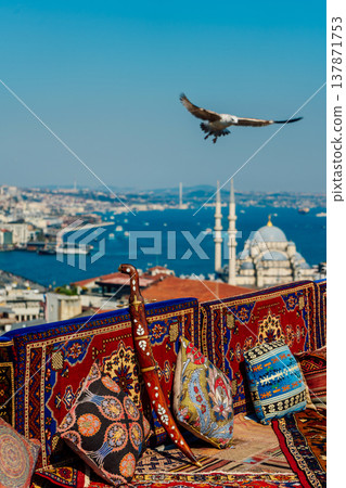 Vivid Turkish Rooftop Scene. Picturesque Terrace Overlooking Istanbul With Crafts And Seagulls Vivid Turkish Rooftop Scene. Picturesque Terrace Overlooking Istanbul With Crafts And Seagulls 137871753
