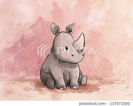 Cute baby rhinoceros illustration with soft colors and playful expression on textured background 137871800