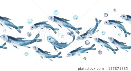 A seamless horizontal border of blue, silver, and gray waves of fish and bubbles, hand-drawn in watercolor on an isolated background. Simple clip art of underwater objects for design and decoration. 137871885