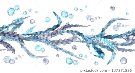 A seamless horizontal border of blue, silver, and gray wavy seaweed and bubbles, hand-drawn in watercolor on an isolated background. Simple clip art of underwater objects for design and decoration. 137871886