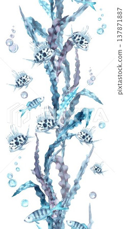 A seamless vertical border of blue, silver, and gray wavy seaweed, fish, and bubbles, hand-drawn in watercolor on an isolated background. Simple clip art of underwater objects for design. 137871887