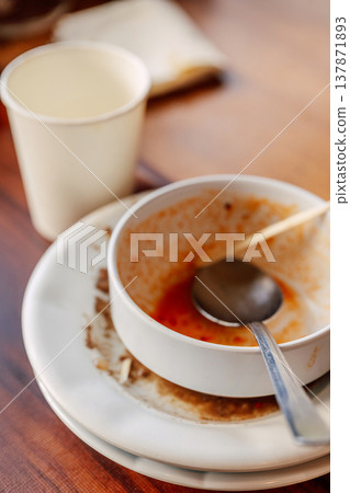 Messy Dining Scene. Relaxed Eatery Atmosphere Showing Signs Of Recent Patrons And Ongoing Cleaning Messy Dining Scene. Relaxed Eatery Atmosphere Showing Signs Of Recent Patrons And Ongoing Cleaning 137871893