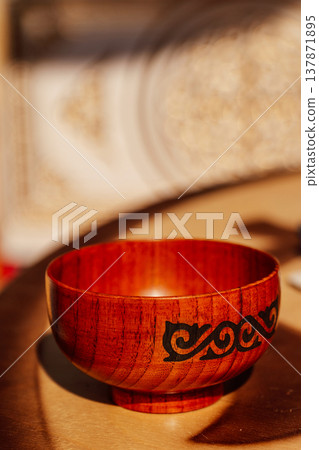 Rustic Modern Handcrafted Wooden Dish. Closeup Of Lacquered Wooden Bowl With Swirl Pattern Rustic Modern Handcrafted Wooden Dish. Closeup Of Lacquered Wooden Bowl With Swirl Pattern 137871895