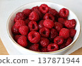 Close-Up of Fresh Raspberries in White Bowl 137871944