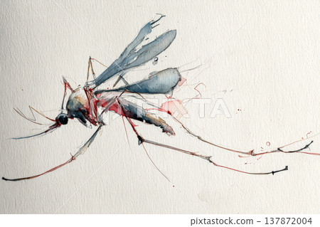 Watercolor illustration of a mosquito with delicate details and vibrant colors showcasing nature's intricacies 137872004