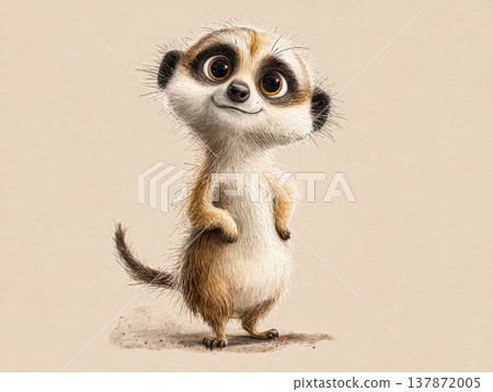 Cute cartoon meerkat character with big eyes and fluffy fur standing in a playful pose 137872005