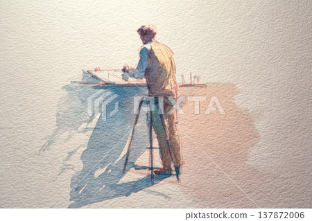 Artist Sketching at a Workbench in Soft Watercolors 137872006