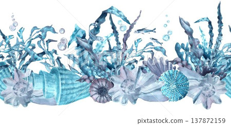 A seamless horizontal border of blue, and gray seashells and sea urchins with seaweed, fish, and urchins, hand-drawn in watercolor on an isolated background. Simple clip art of underwater objects. A seamless horizontal border of blue, and gray seashells and sea urchins with seaweed, fish, and urchins, hand-drawn in watercolor on an isolated background. Simple clip art of underwater objects. 137872159