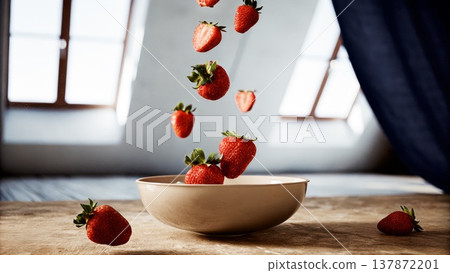 Fresh strawberries falling into a beige bowl on wooden table in bright indoor setting Fresh strawberries falling into a beige bowl on wooden table in bright indoor setting 137872201