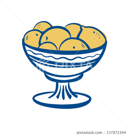 Illustration of lemons in a fruit bowl. A plate of summer fruits. Citrus fruit in sketch line style in blue and yellow. Vector illustration. Illustration of lemons in a fruit bowl. A plate of summer fruits. Citrus fruit in sketch line style in blue and yellow. Vector illustration. 137872304