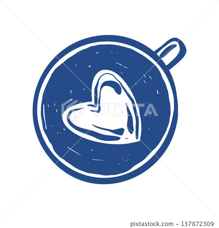 Hand-drawn illustration of a coffee cup with heart-shaped cream. Vector sketch in vintage style. Coffee mug clipart in a blue outline. Top view Hand-drawn illustration of a coffee cup with heart-shaped cream. Vector sketch in vintage style. Coffee mug clipart in a blue outline. Top view 137872309