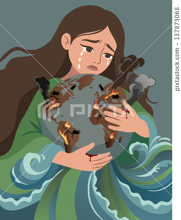 Sorrowful mother earth figure crying while holding a burning planet, symbolizing the devastation of world wars and environmental destruction, vector art 137873068