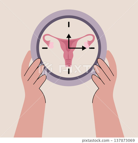 Vector illustration of gentle hands holding a clock with female reproductive system, representing women's health, fertility, and biological timing Vector illustration of gentle hands holding a clock with female reproductive system, representing women's health, fertility, and biological timing 137873069
