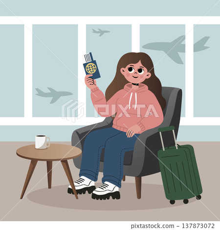 Young woman sitting in airport lounge with her passport and suitcase, waiting for flight. Vector illustration for travel and vacation concepts 137873072