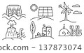 Renewable energy black line icon set. Hydropower, solar energy, wind power, geothermal energy, bioenergy, tidal and wave power. Outline net zero vector isolated signs 137873074