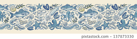 Decorative border with various seafood products. Blue and white vector handdrawn illustration 137873330